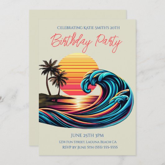 バースデーパーティー – サンセットレトロサーフウェーブ 招待状 (正面/裏面)