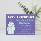 バースデーパーティー ブルー カップケーキ ケーキをお祝いしよう 招待状 (スタンド正面)