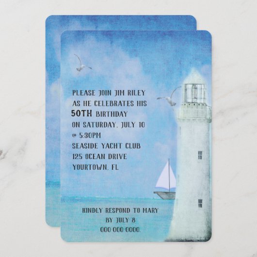 バースデーパーティー – 帆船と海灯台 招待状 (正面/裏面)