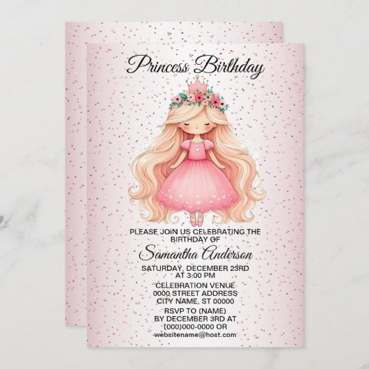 バースデーパーティー 水彩 ピンク プリンセス 可愛い 招待状 (正面/裏面)
