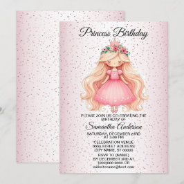 バースデーパーティー 水彩 ピンク プリンセス 可愛い 招待状