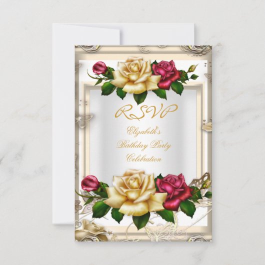 バースデーパーティー 薔薇 白 金 赤 クリーム RSVP 招待状 (正面)