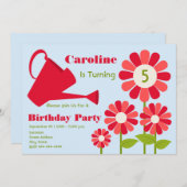 バースデーパーティー-赤い花の庭と灌水のカン 招待状 (正面/裏面)