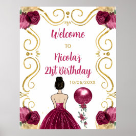 バースデーパーティーBrownHairプリンセスダークレッドウェルカム ポスター