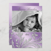 バースデーパーティ招待状ベビーグリッター葉パープル 招待状 (正面/裏面)