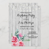 バースデーパーティ素朴ーピンクフローラウッド招待状40th 招待状 (正面/裏面)