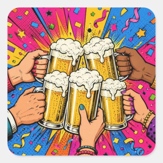 バースデービールの乾杯 ポップアート スクエアシール (正面)