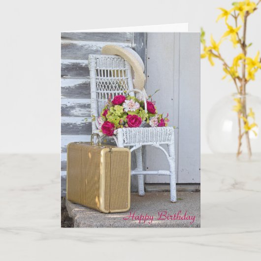 バースデーレトロのスーツケースと花 カード (黄色い花)