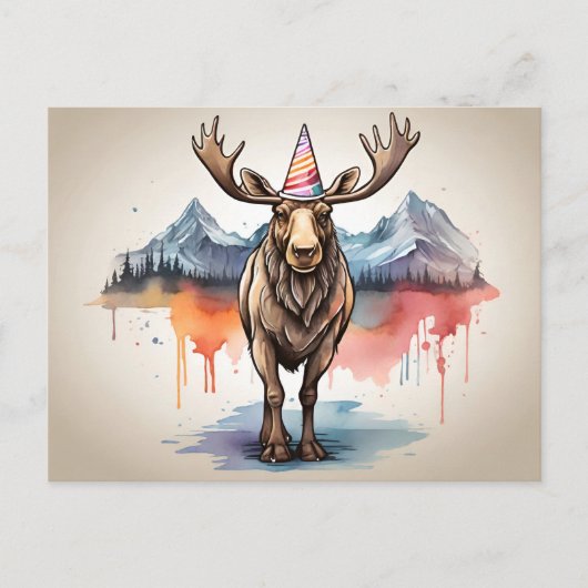 バースデー帽をかぶったアラスカのムース ポストカード (正面)