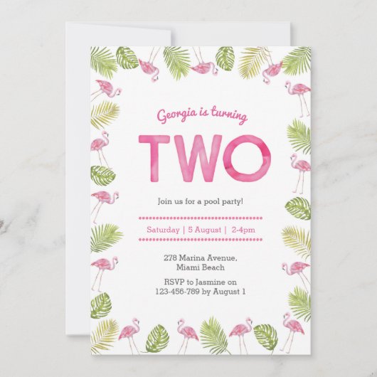 バースデー招待状 | トロピカル フラミンゴ 招待状 (正面)