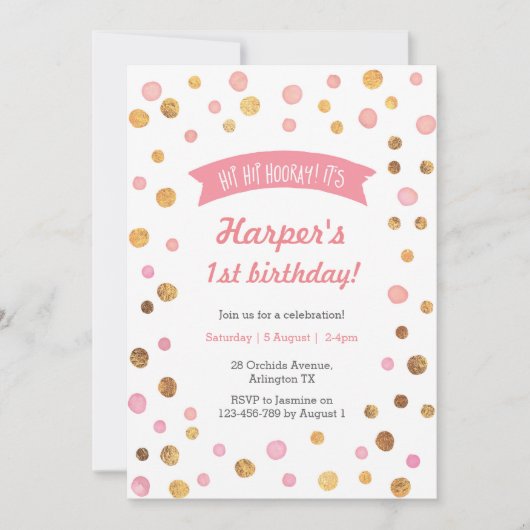 バースデー招待状 | ピンクとゴールドのコンフェッティ模様 招待状 (正面)