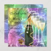 バースデー祝タパーティーピンクブルー金ゴールドシャンパン 招待状 (正面/裏面)