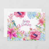 バースデー おめでとう ヴィブラント 水彩 花と鳥 ポストカード (正面/裏面)