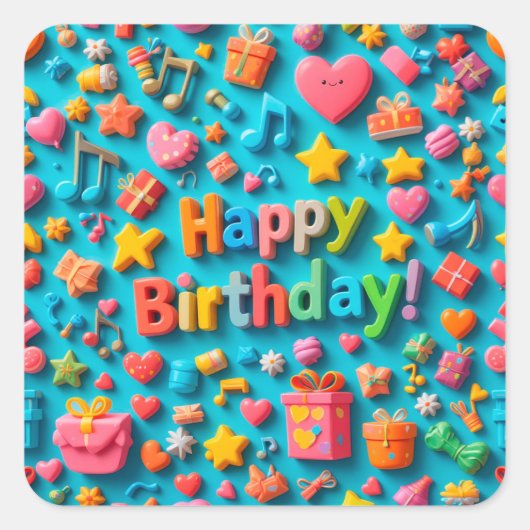 バースデー+お祝い+パーティー+飾り 🎂🎈 スクエアシール (正面)