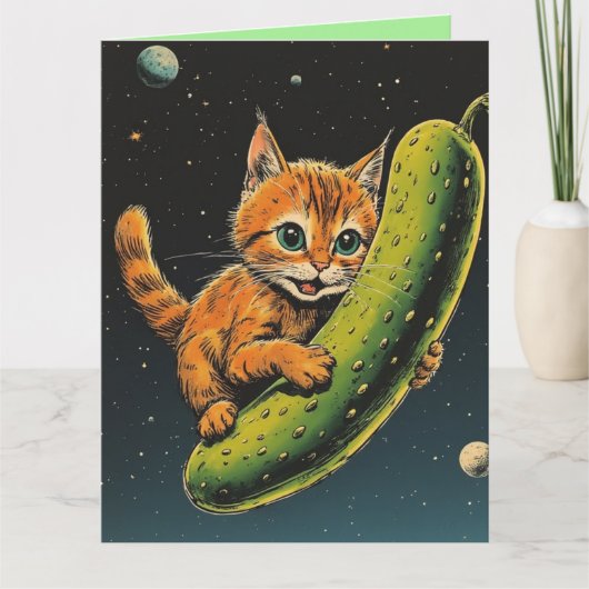 バースデー ふざけた 猫 宇宙 キュウリ グリーティングカード (正面)