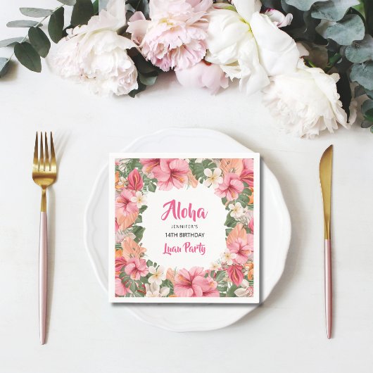 バースデー アロハ トロピカル ハイビスカス ルアウ ペーパー スタンダードカクテルナプキン