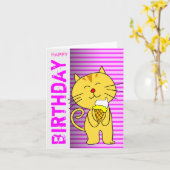 バースデー・カードのアイスクリームコーン猫のピンク カード (黄色い花)