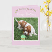 バースデー・カードw/Bassetの猟犬、カップケーキ、及びハート カード (黄色い花)