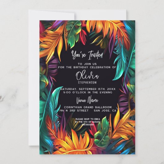 バースデー |ネオはっきりしたンの熱帯紅葉 招待状 (正面)