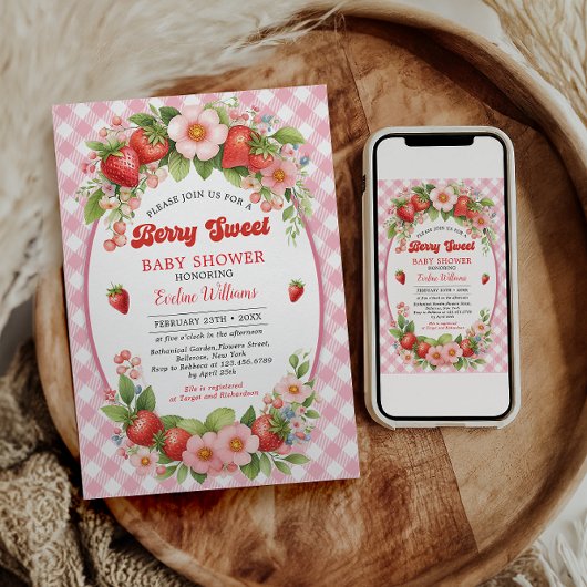 バースデー・パーティーのお知らせ - 1歳の誕生日においしいイチゴを添えて 招待状