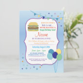 バースデー・パーティーの青い風船の招待状（ハンバーガー・テーマ） 招待状 (スタンド正面)