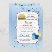 バースデー・パーティーの青い風船の招待状（ハンバーガー・テーマ） 招待状 (正面/裏面)