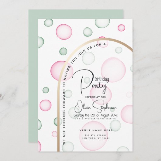 バースデー |活気のあるおもしろいピンクと緑の泡 招待状 (正面/裏面)