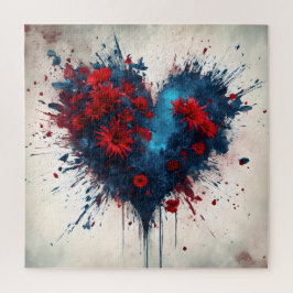 バースト青ハート(赤い花) ジグソーパズル