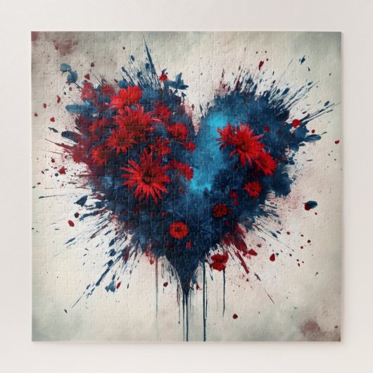 バースト青ハート（赤い花） ジグソーパズル (縦)
