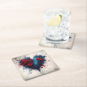 バースト青ハート（赤い花） スクエアペーパーコースター (インサイチュ)