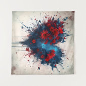 バースト青ハート（赤い花） タペストリー (正面(横))