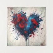 バースト青ハート（赤い花） タペストリー (正面)