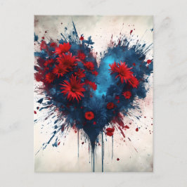 バースト青ハート(赤い花) ポストカード