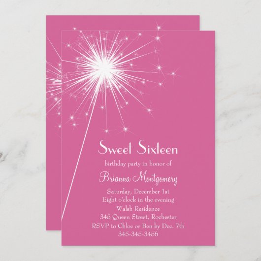 バーストSparklesSweet sixteen招待状明るい赤紫色 招待状 (正面/裏面)