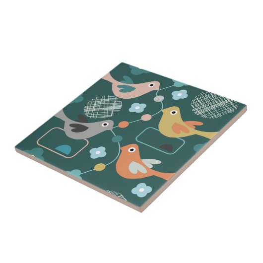 バーズフラワーズレトロモダンミッドセンチュリーパターン タイル (側面)