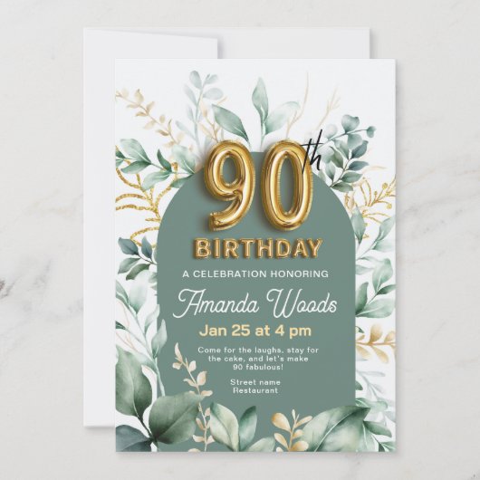 バーダントフローラ金ゴールド90誕生日 招待状 (正面)