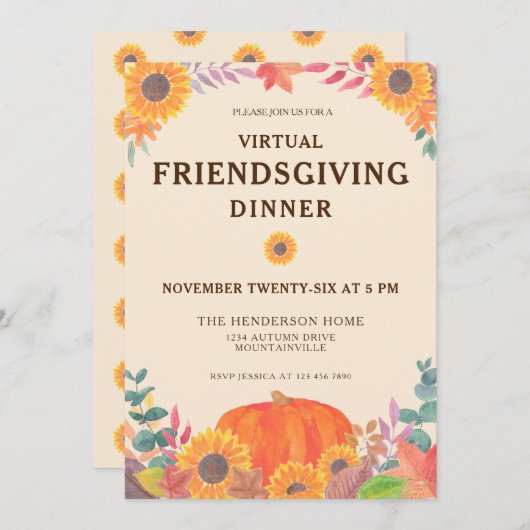 バーチャルなカボチャひまわりの花とディナー 招待状 (正面/裏面)