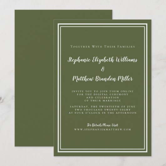 バーチャルウェディング オリーブグリーン ミニマル ライブ配信 招待状 (正面/裏面)