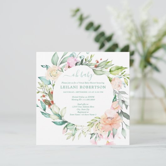 バーチャルウォーター色フローラリースオ赤ちゃんシャワー 招待状 (スタンド正面)