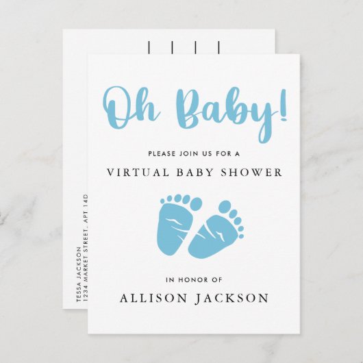バーチャルオーベイビーブルーベビー足男の赤ちゃんシャワー インビテーションポストカード (正面/裏面)