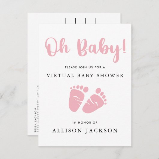 バーチャルオーベビーピンクベビー足ガールベビーシャワー インビテーションポストカード (正面/裏面)