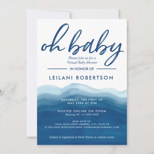 バーチャルオーベビーブルーグラデーションウォーター色ベビーシャワー 招待状 (正面)