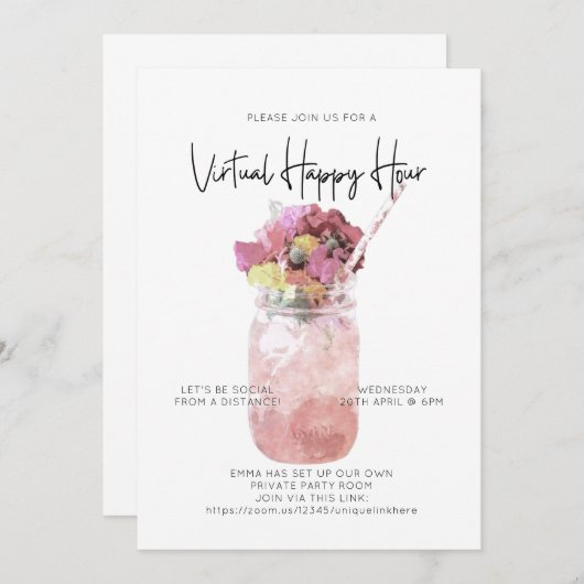 バーチャルカクテルパーティーのソーシャルディスタンスハッピーアワー 招待状 (正面/裏面)