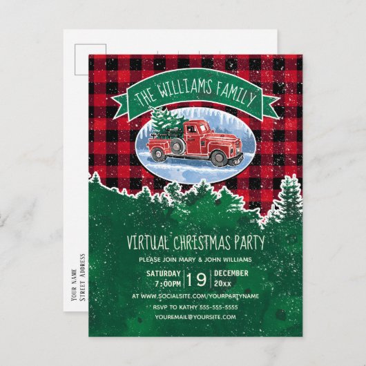 バーチャルクリスマスパーティーヴィンテージトラックレッドプレイド インビテーションポストカード (正面/裏面)