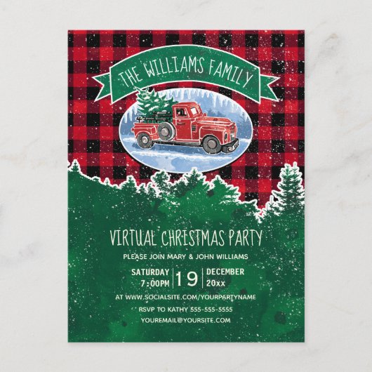 バーチャルクリスマスパーティーヴィンテージトラックレッドプレイド インビテーションポストカード (正面)