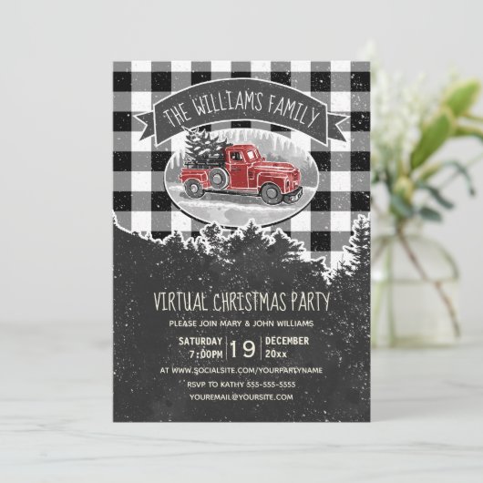 バーチャルクリスマスパーティーヴィンテージレッドトラックプレイド 招待状 (スタンド正面)