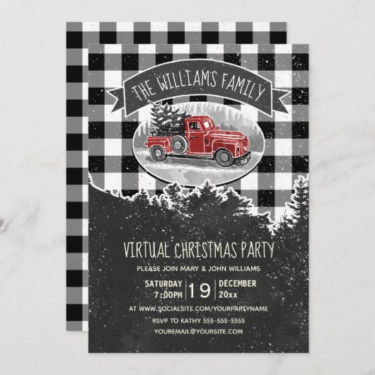 バーチャルクリスマスパーティーヴィンテージレッドトラックプレイド 招待状 (正面/裏面)