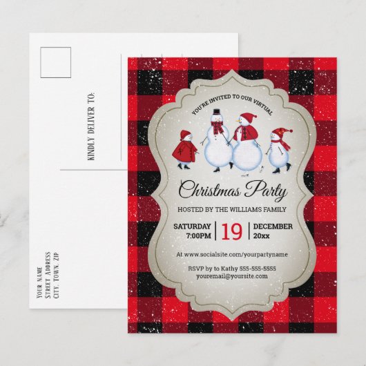 バーチャルクリスマスパーティー雪だるまレッドバッファロープレイド インビテーションポストカード (正面/裏面)