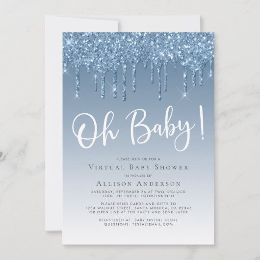 バーチャルシャワーグリッターオ男の赤ちゃんブルー 招待状 (正面)