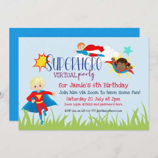 バーチャルスーパーヒーロー子供の誕生日パーティー 招待状 (正面/裏面)